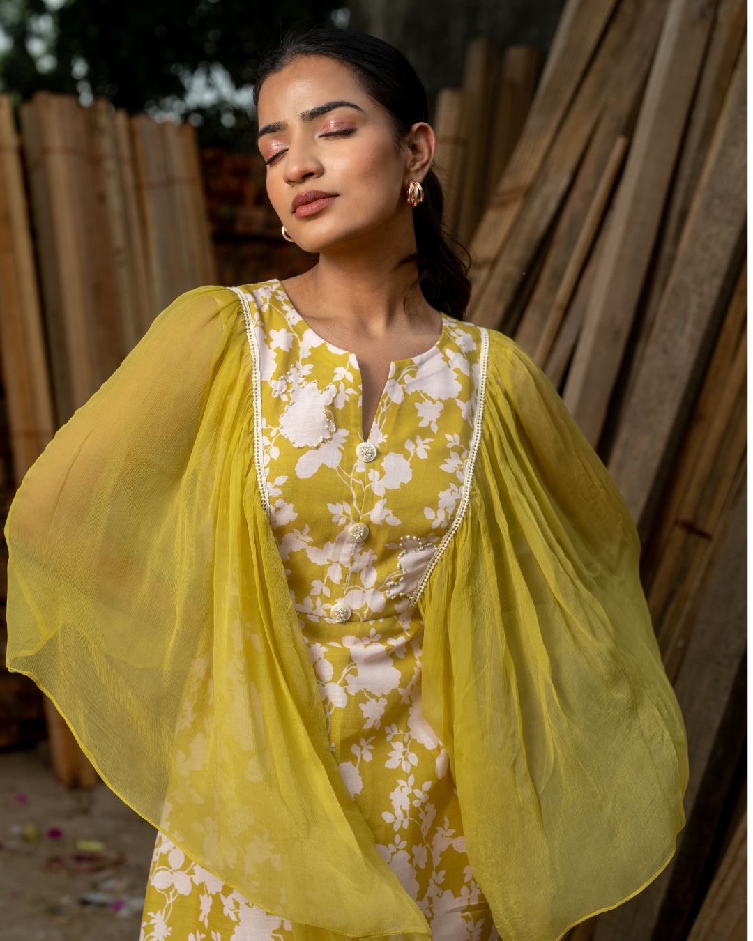 Rassian Sage - Yellow Printed Midi Dress with Chiffon Sleeves