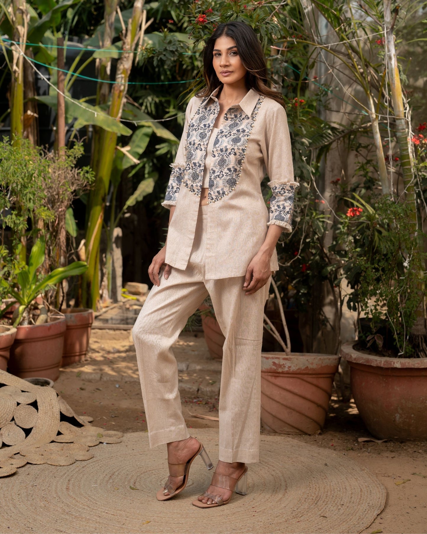 Kay - Beige Top Pant Set with Printed Jacket