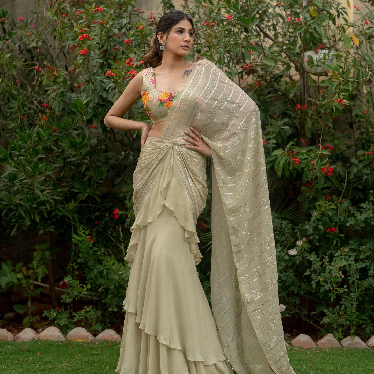 Candy Strip - Beige Drape Saree with Blouse