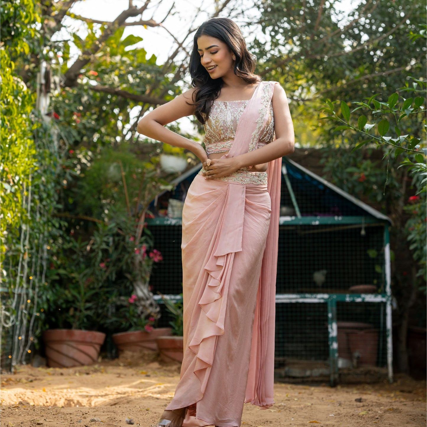 Ijya - Rose Quartz Drape Saree with Sleeveless Blouse