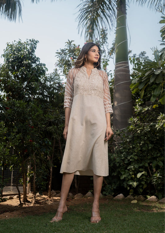 Vera - Light Beige Knees Length Midi Dress