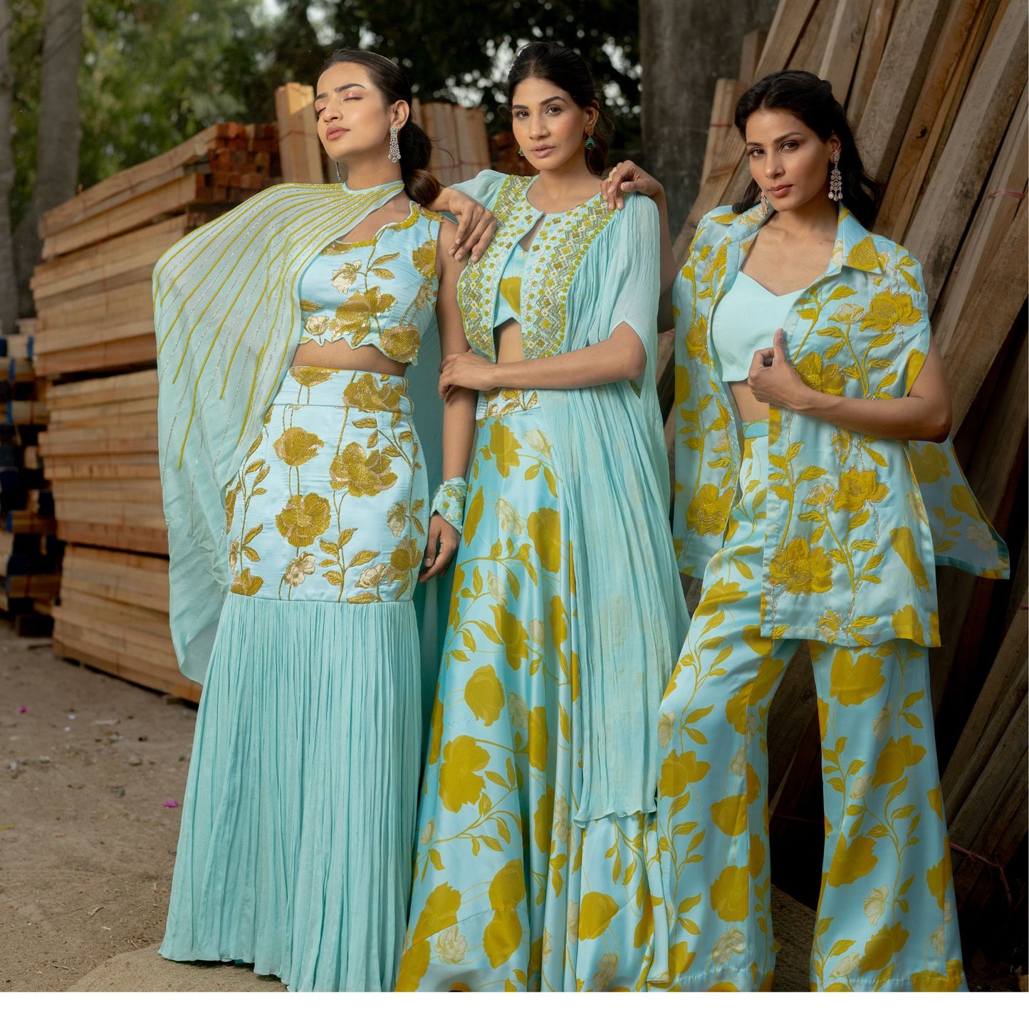 Raya - Aquamarine Embroidery Top Pant and Jacket Set