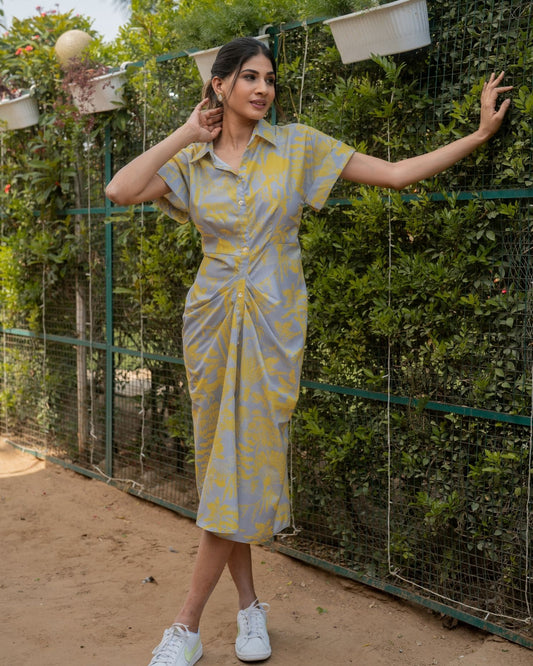 Deffoadill - Grey & Yellow Button Down Midi Dress with Short Sleeve