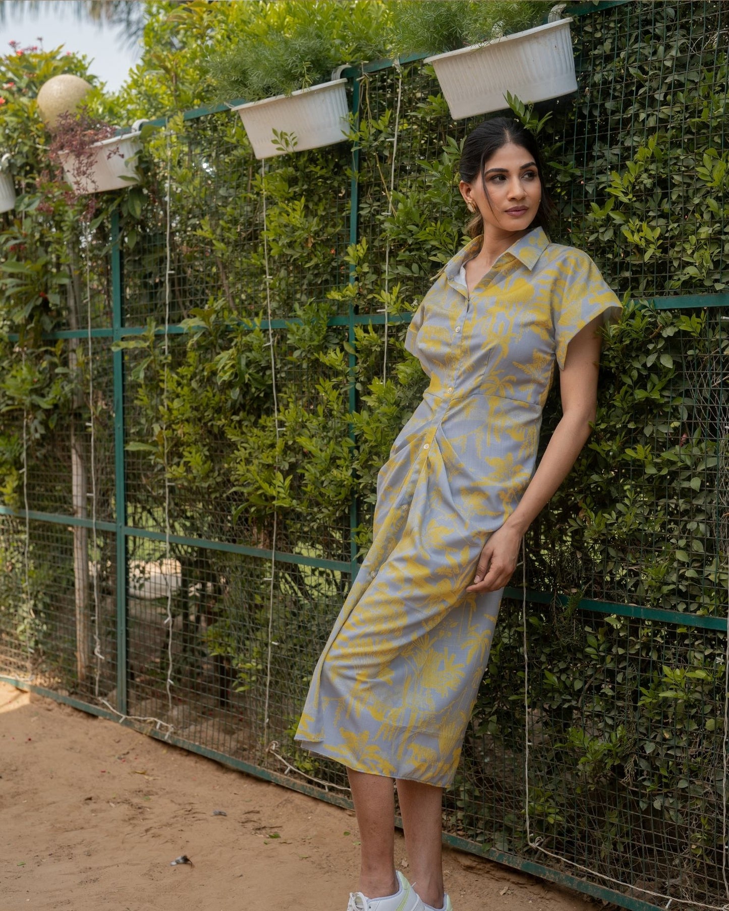 Deffoadill - Grey & Yellow Button Down Midi Dress with Short Sleeve