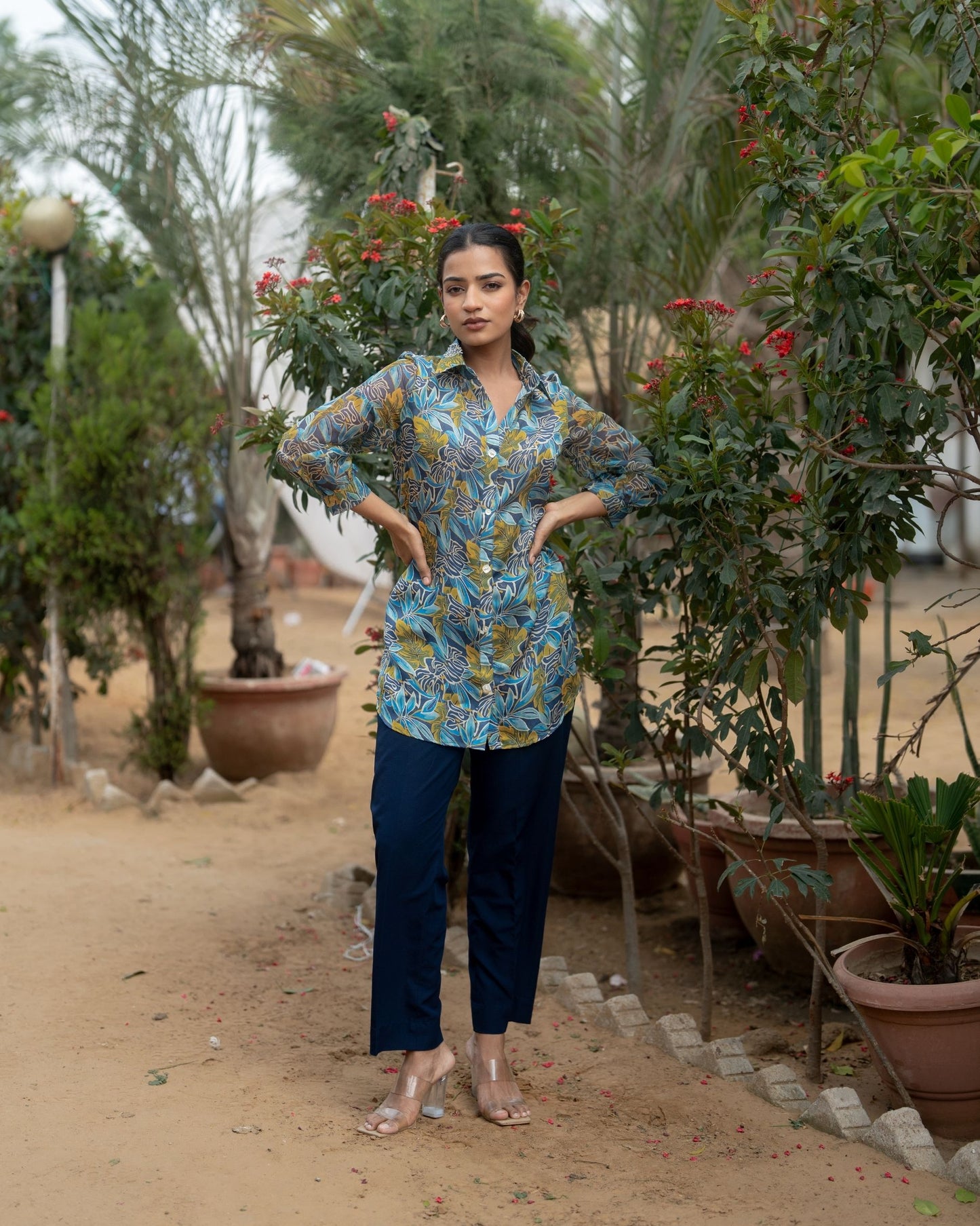 Chieory - Blue Printed Button Down Top with Pant Set