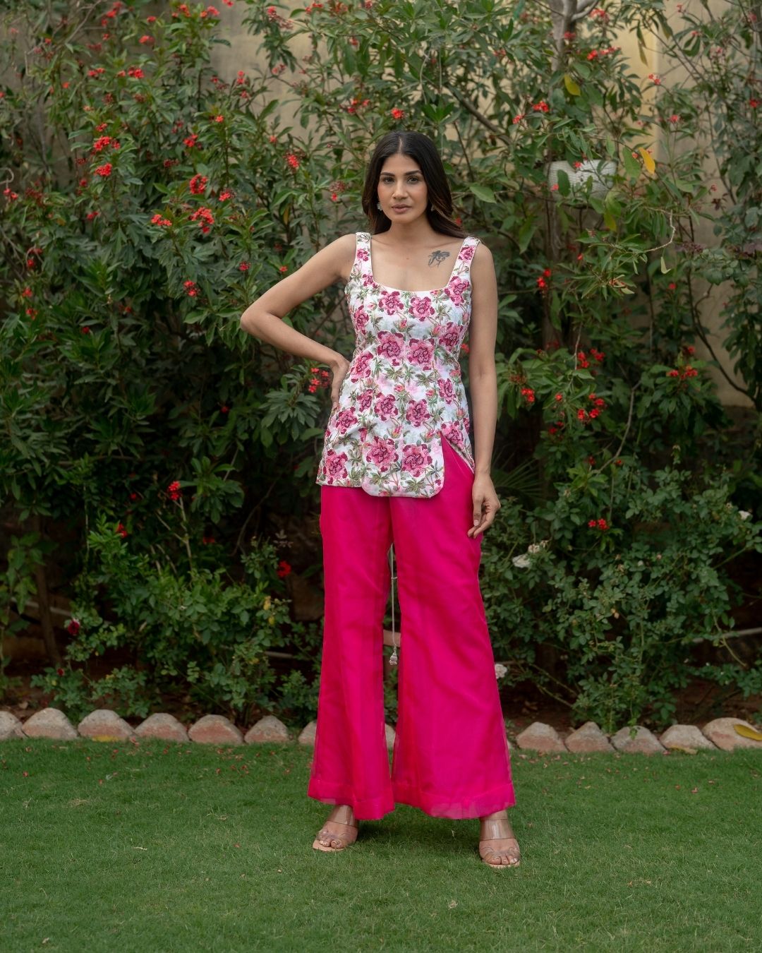 Gul-posh - Hot Pink Printed Short Kurta with Bellbottom