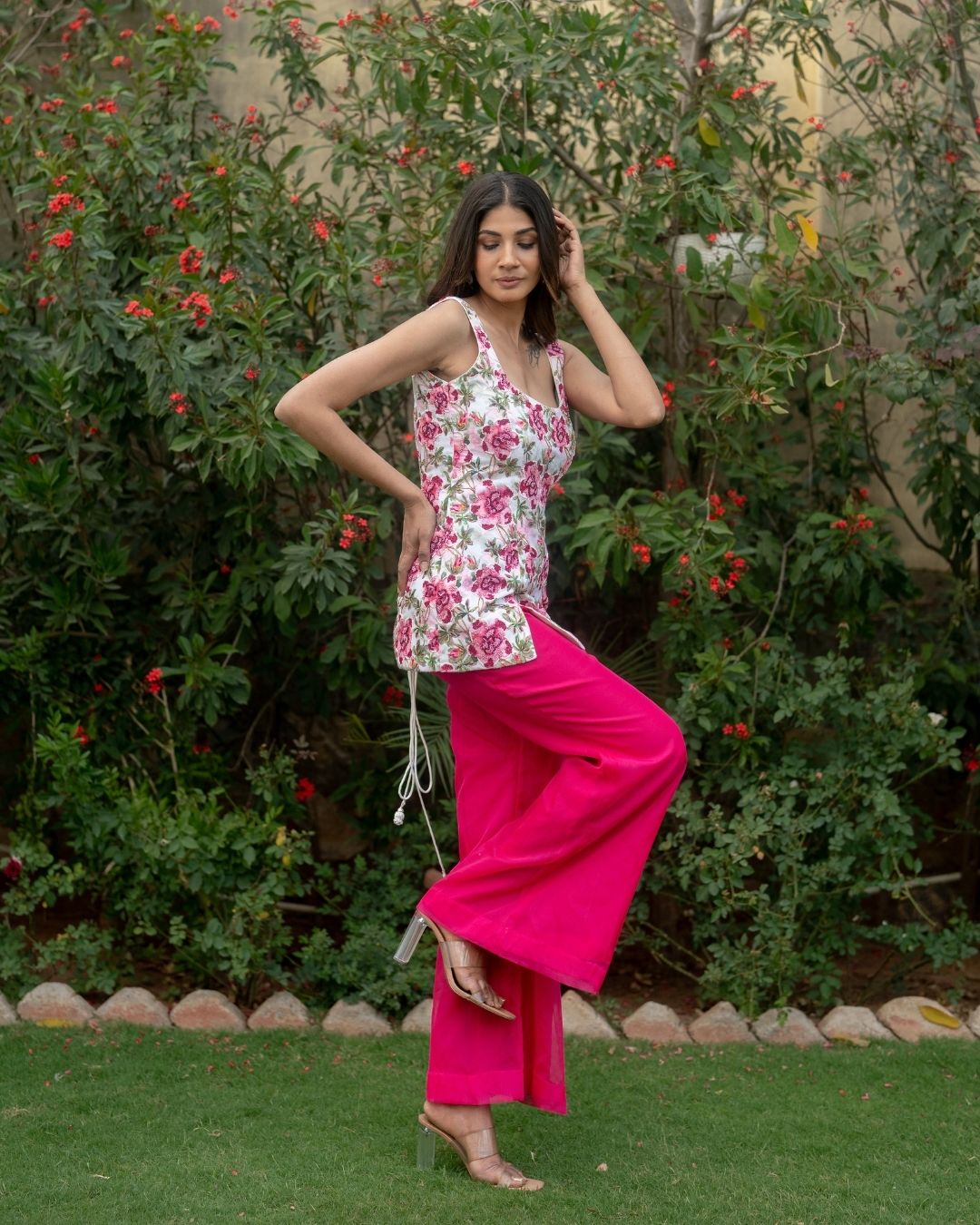 Gul-posh - Hot Pink Printed Short Kurta with Bellbottom