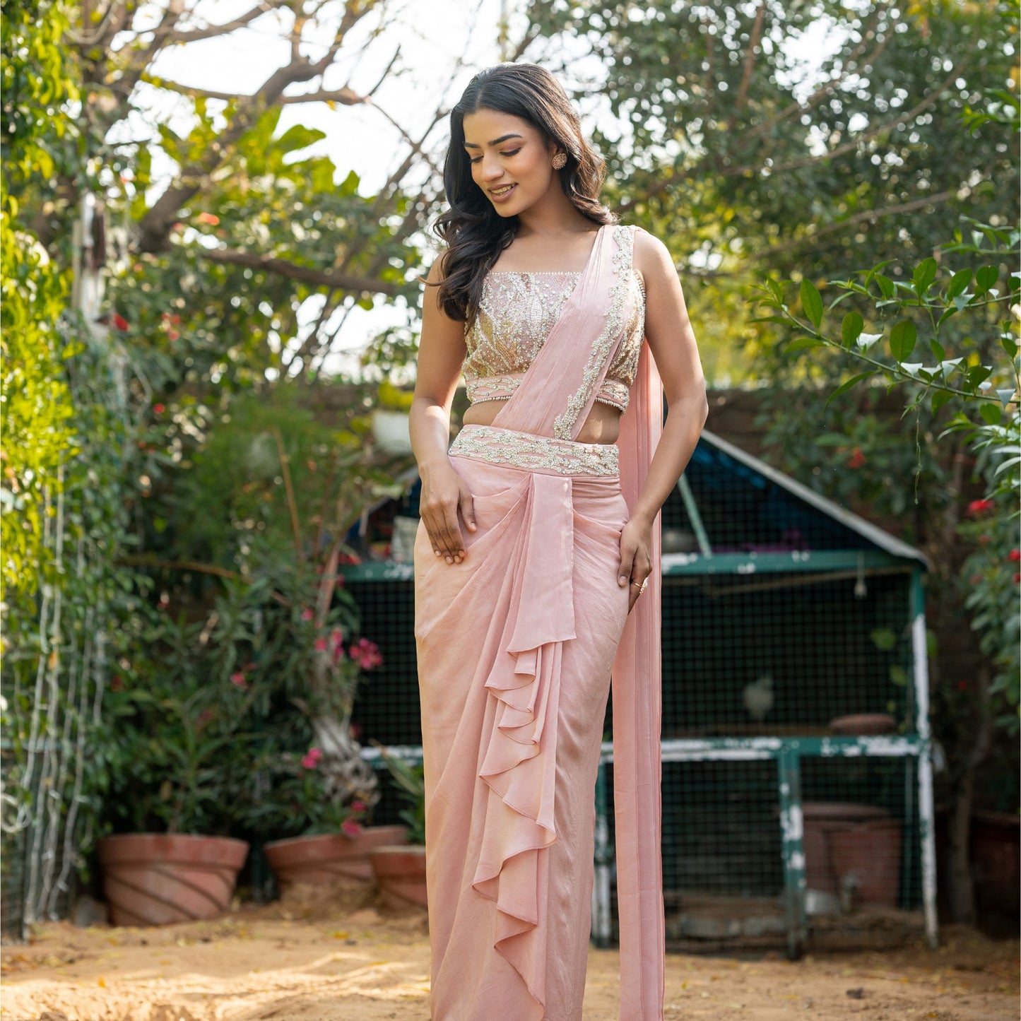 Ijya - Rose Quartz Drape Saree with Sleeveless Blouse