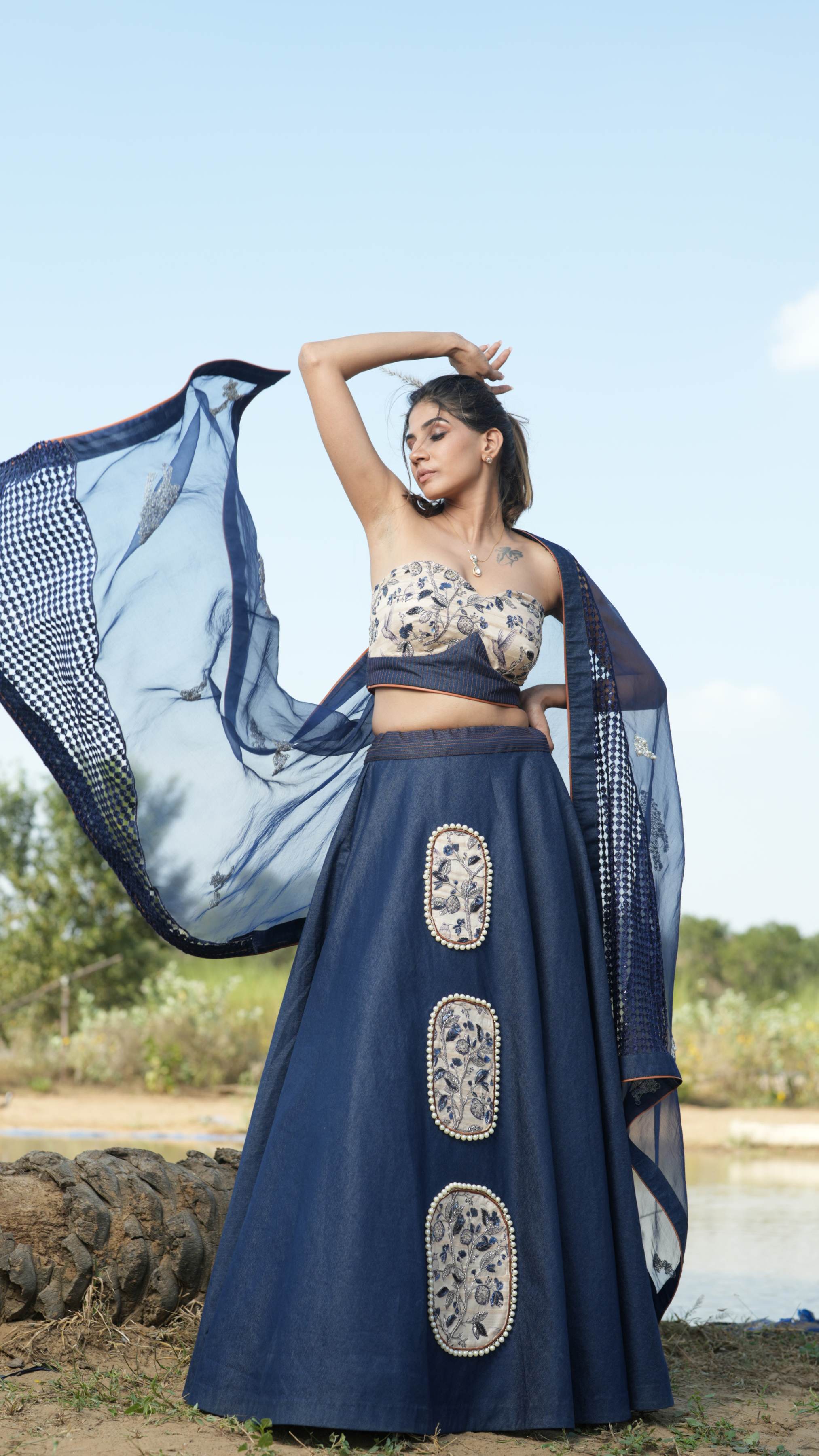 1149 Blue lehenga with copper brown off shoulder blouse – Shama's Collection