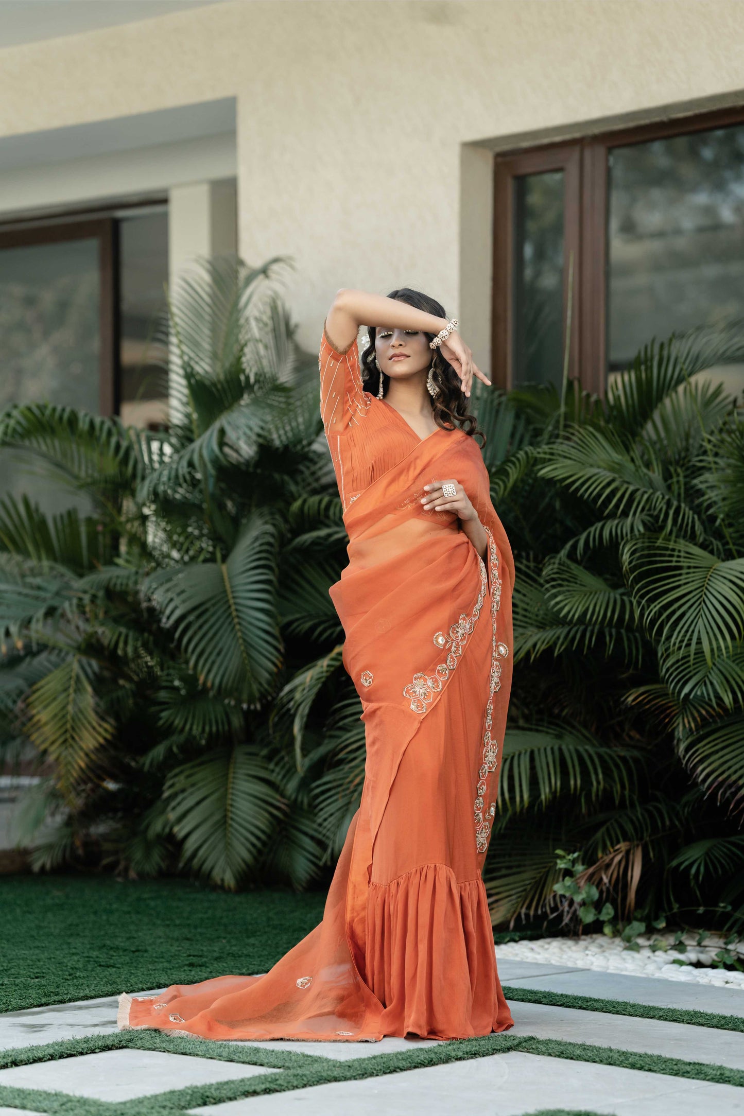 Kesar-Womens Designer Chinon Silk Saree orange with Blouse