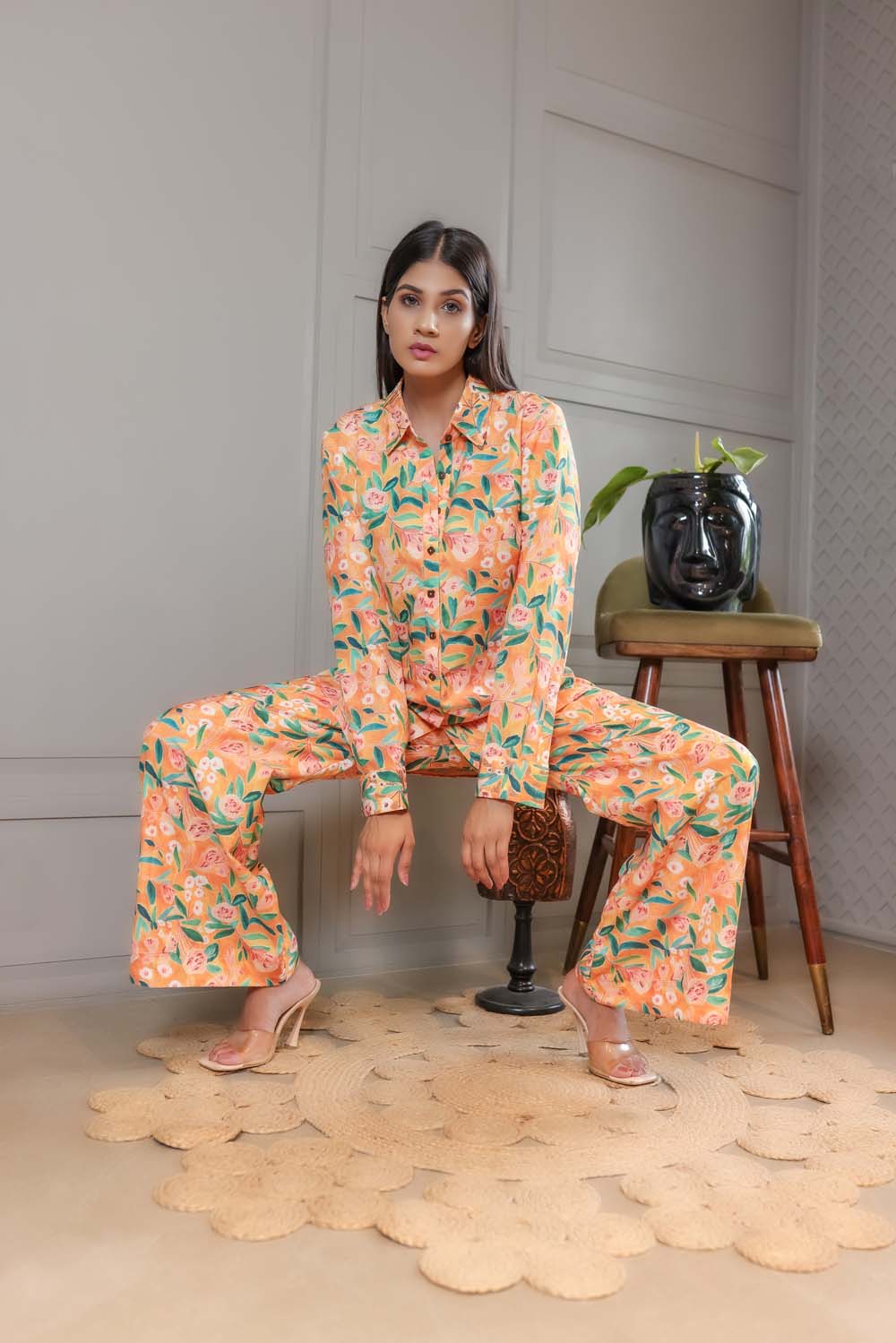 Geranium - Peach with Green Top and Pant Co-ord Set