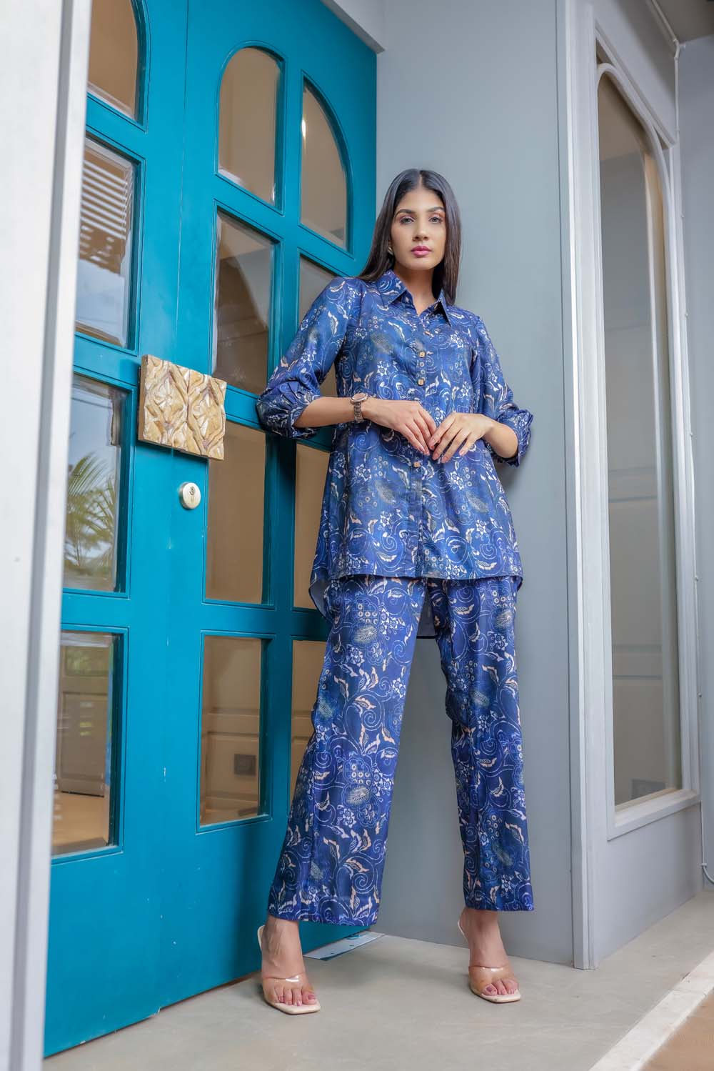 Bluewing- Blue with Baige Printed Top Pant Co-ord Set