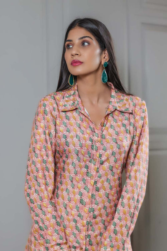 Jasmine - Peach Green Printed Top with Pant Co Ords Set