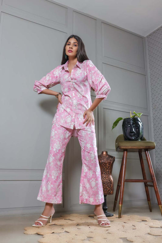 Bougainvillea - Baby Pink with White Co-ord Top and Pant Set