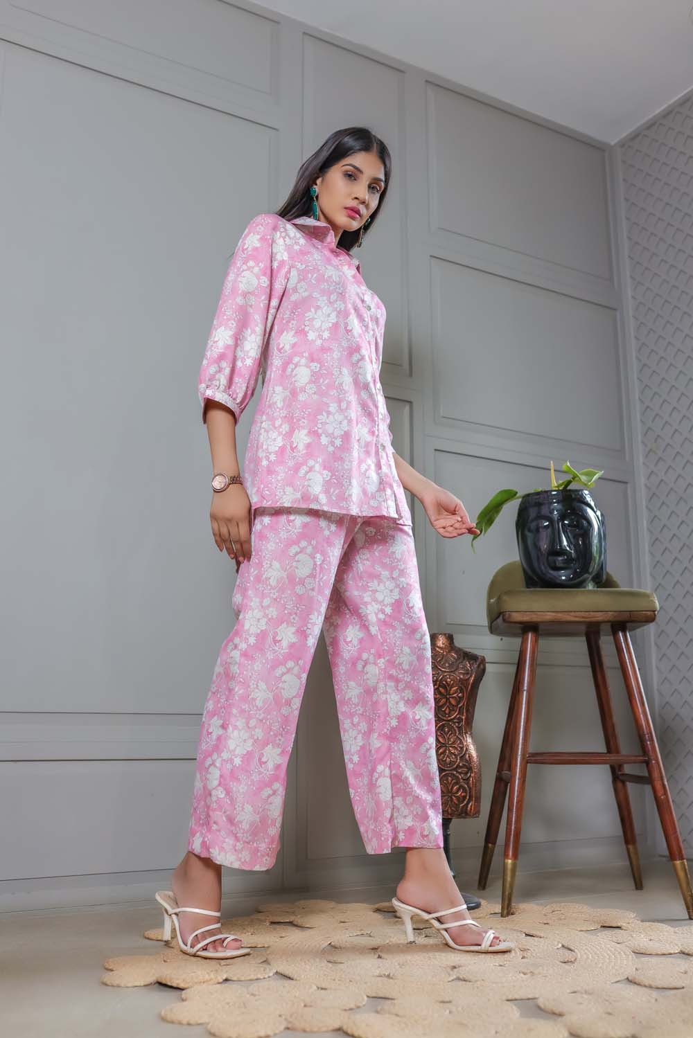Bougainvillea - Baby Pink with White Co-ord Top and Pant Set