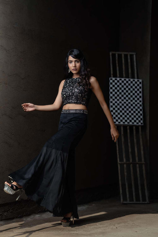 Hifajat - Black Sleeveless Blouse with Bell Bottom Pants