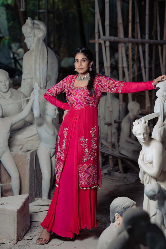 Bomkai - Hot Pink Organza Anarkali Slit Suit with Pant