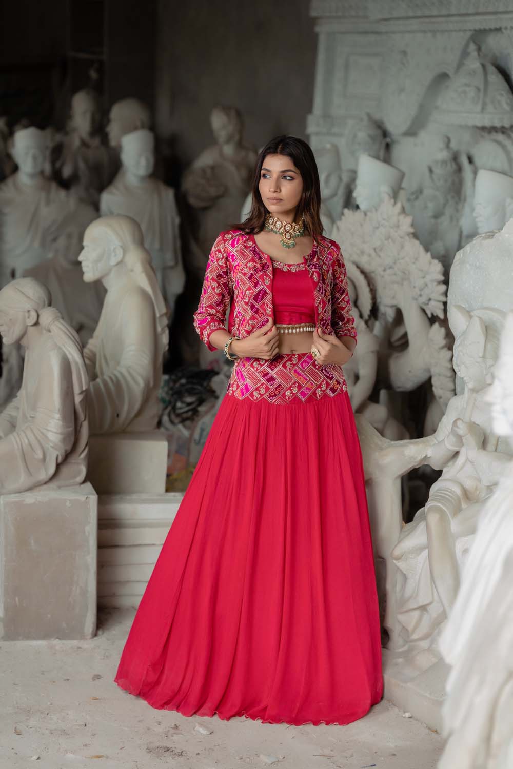 Santhe - Hot Pink Jacket with Bralette and Lehenga Set