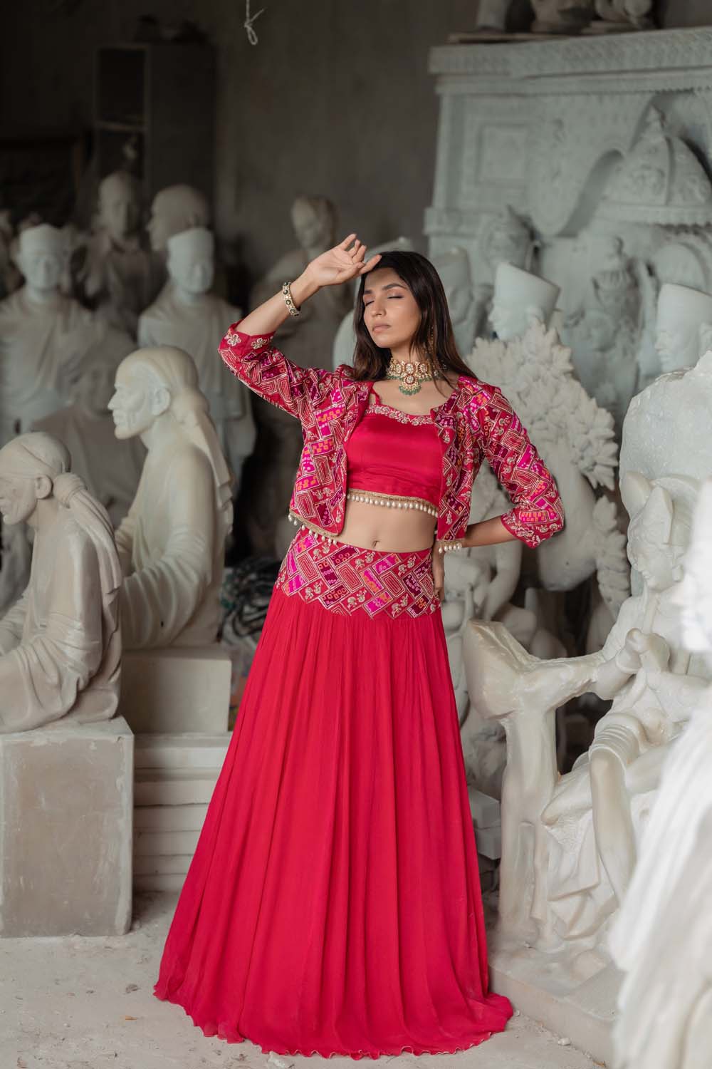 Santhe - Hot Pink Jacket with Bralette and Lehenga Set