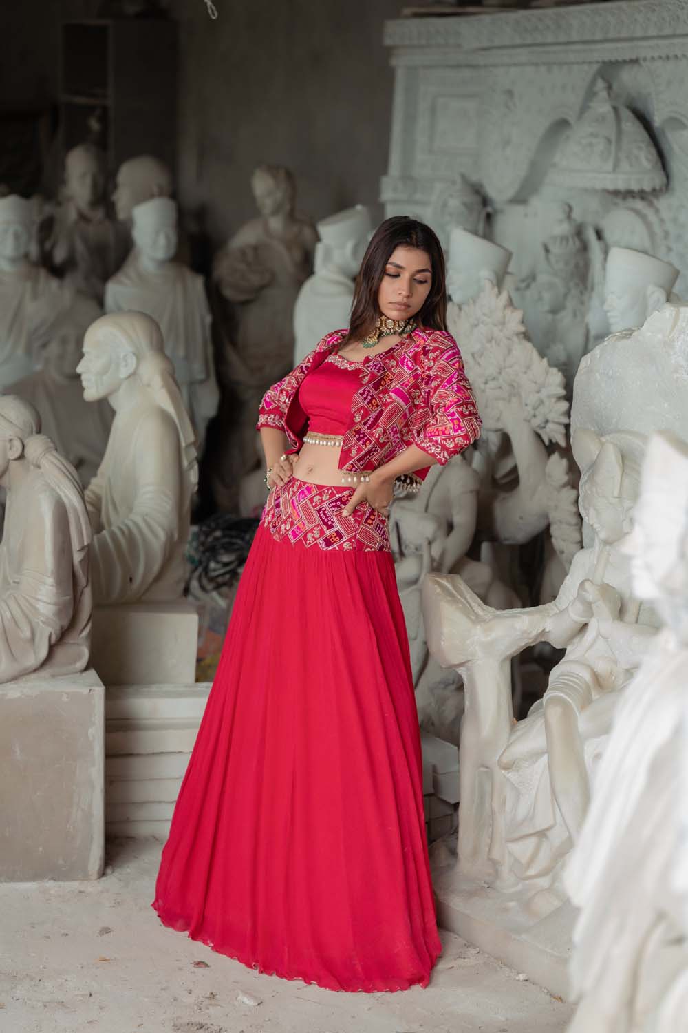 Santhe - Hot Pink Jacket with Bralette and Lehenga Set