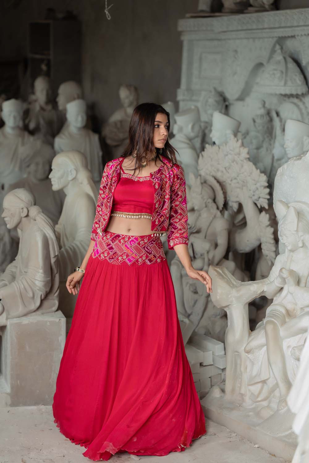 Santhe - Hot Pink Jacket with Bralette and Lehenga Set