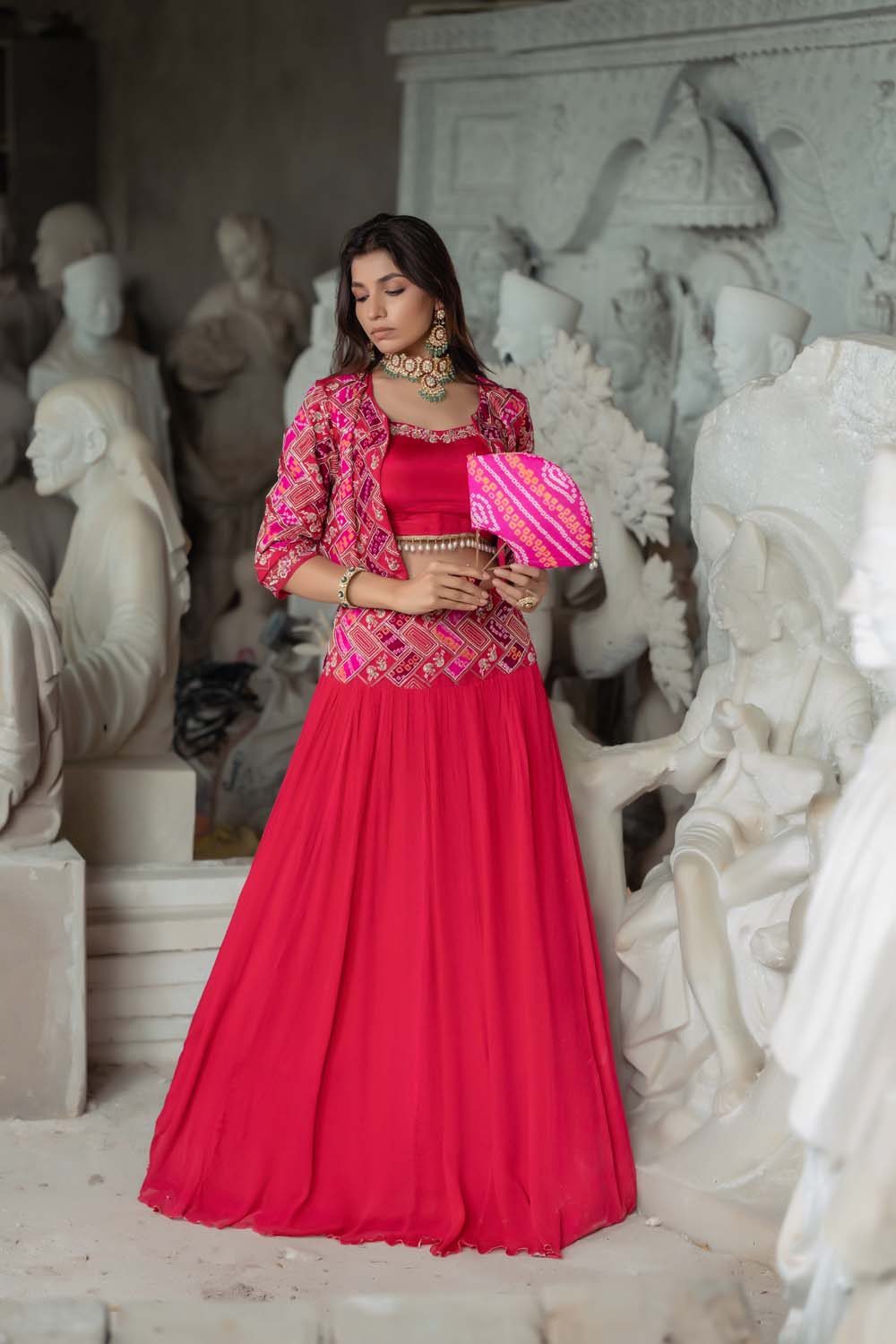 Rani Pink Bandhej Print Lehenga Set in Georgette with Embroidery and Jacket