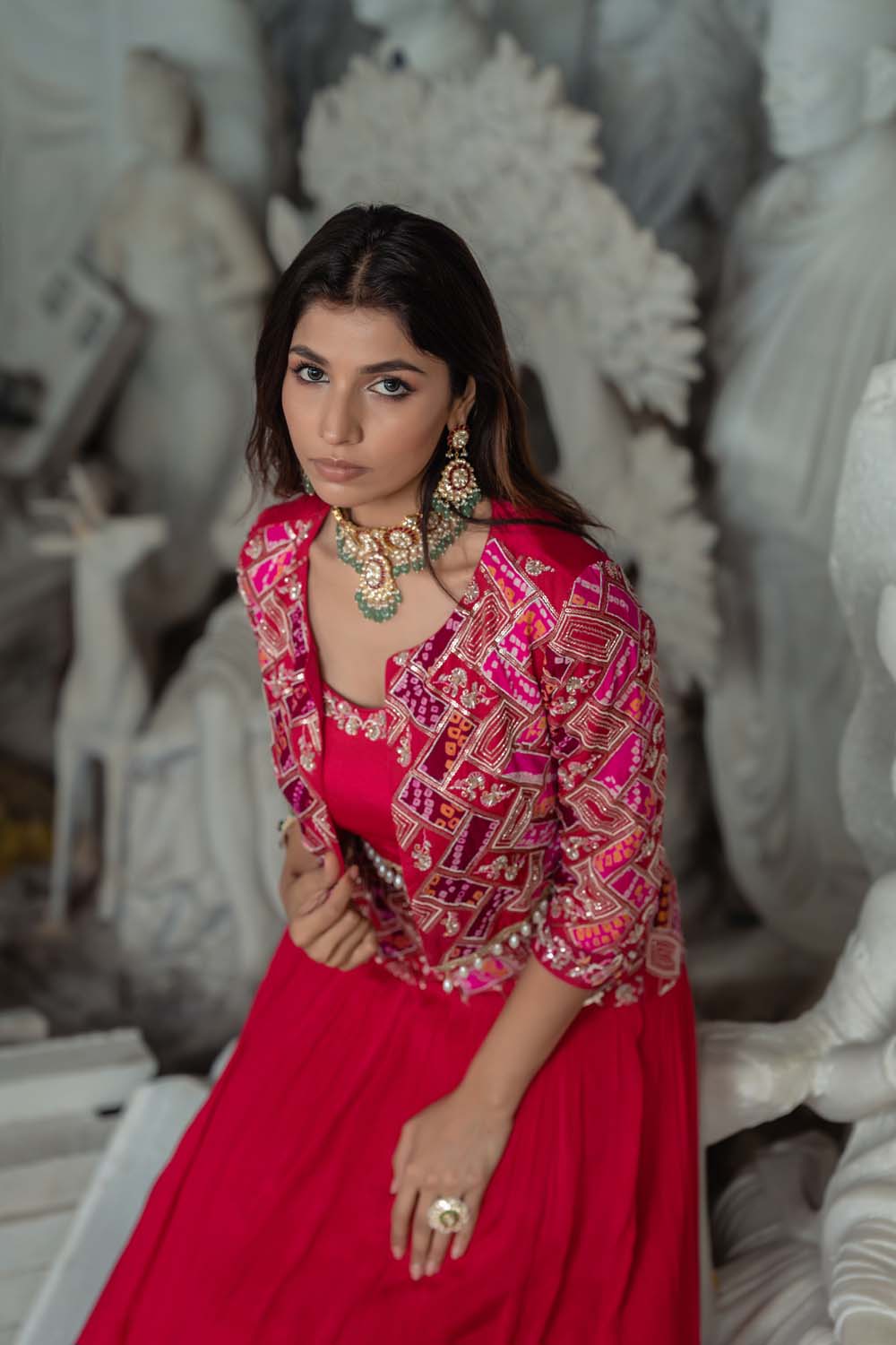 Santhe - Hot Pink Jacket with Bralette and Lehenga Set