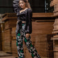 Holly - Black Crop Top with Printed Green Pant Set