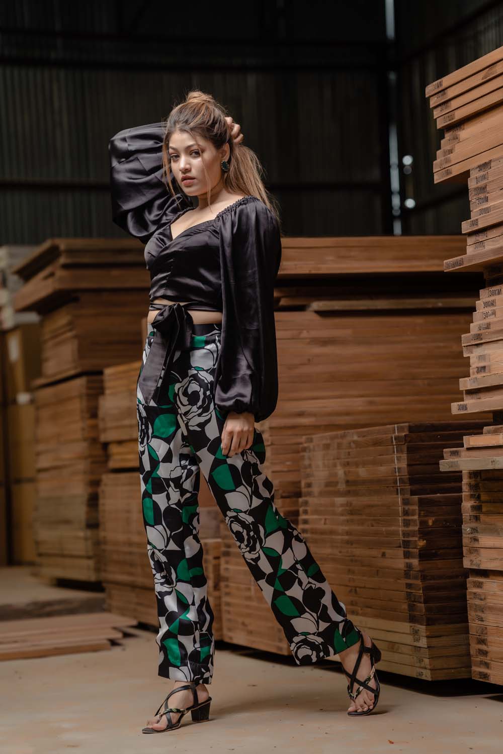 Holly - Black Crop Top with Printed Green Pant Set