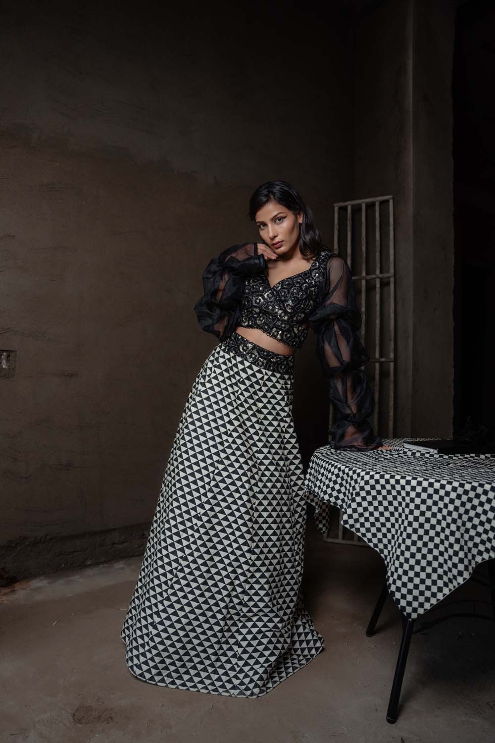 Checkmate - Checked Skirt and Designer Blouse with Dupatta Set