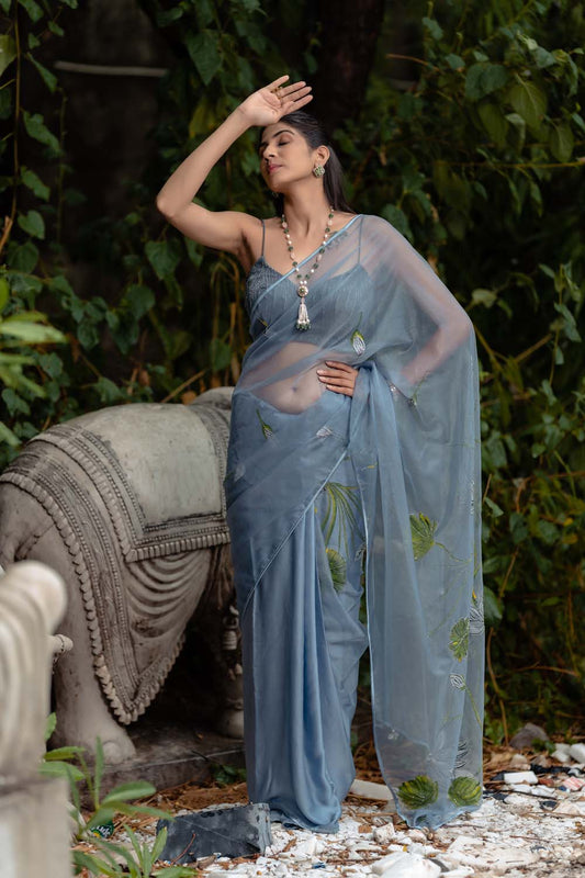 Tulip Saree - Organza Blue, Gray Saree With Blouse