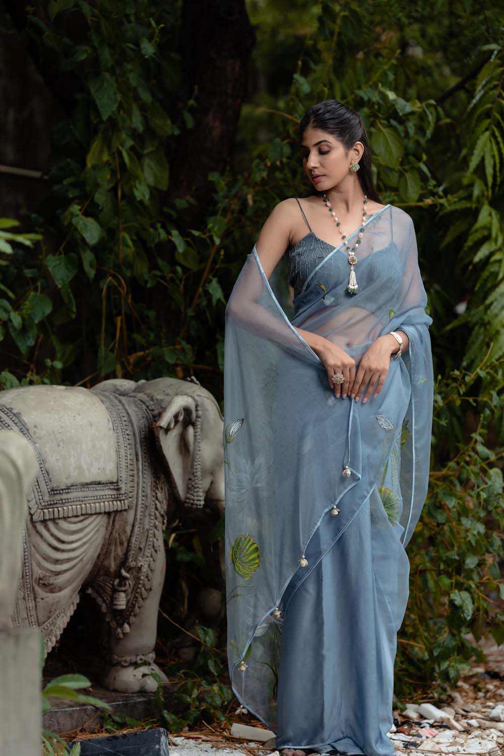 Tulip Saree - Organza Blue, Gray Saree With Blouse