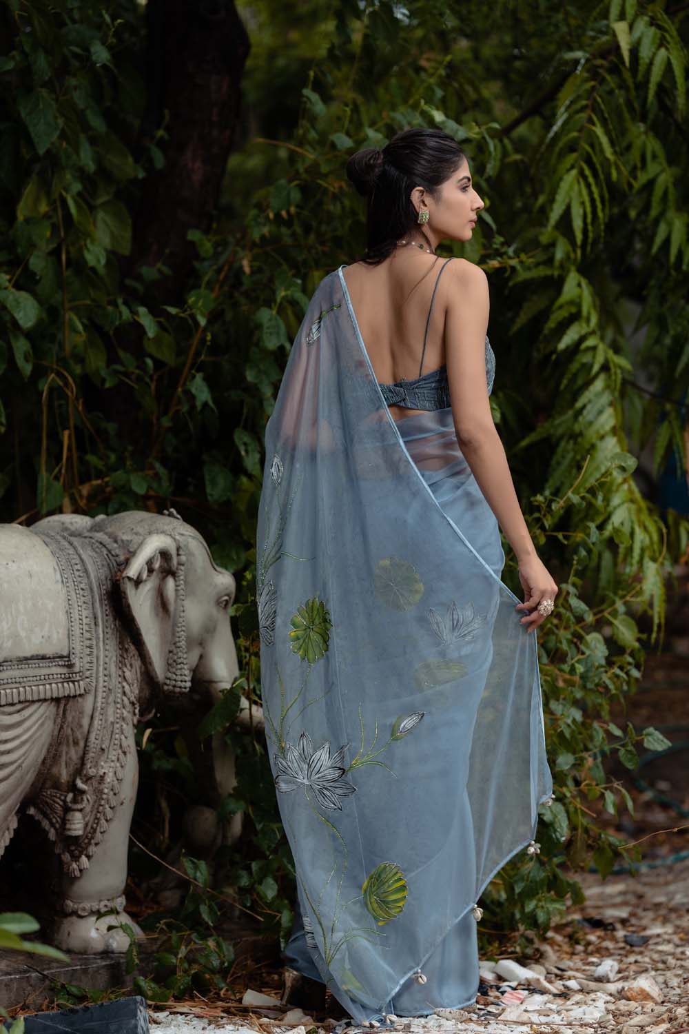 Tulip Saree - Organza Blue, Gray Saree With Blouse