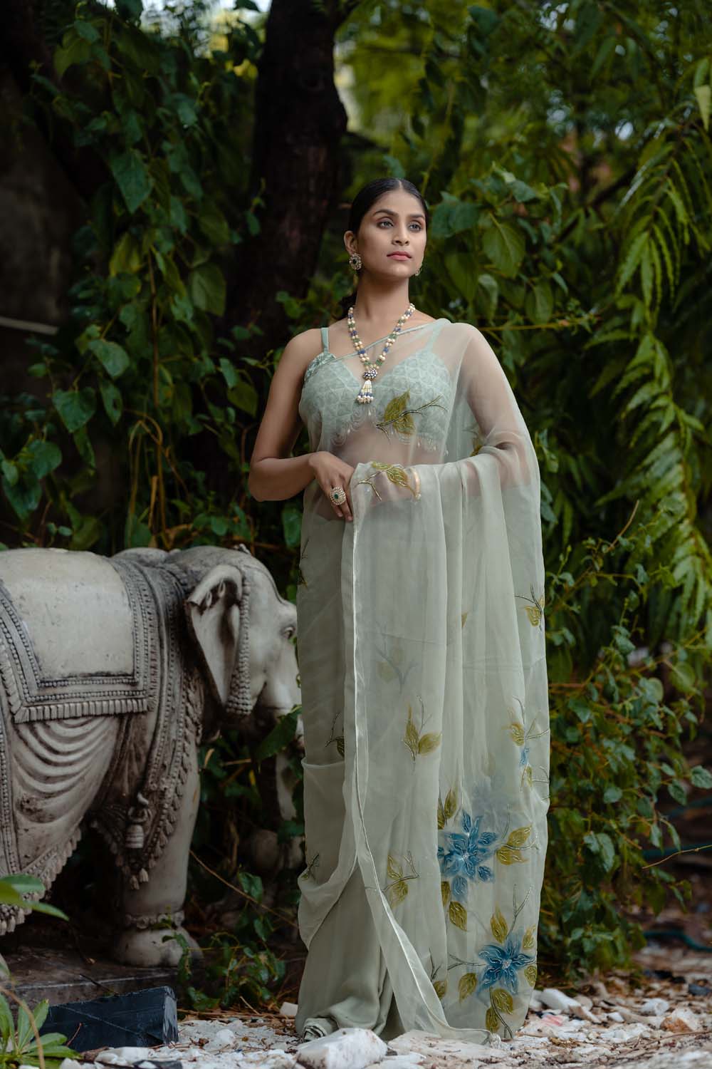 Sage Green Kumundhani Saree with Blouse