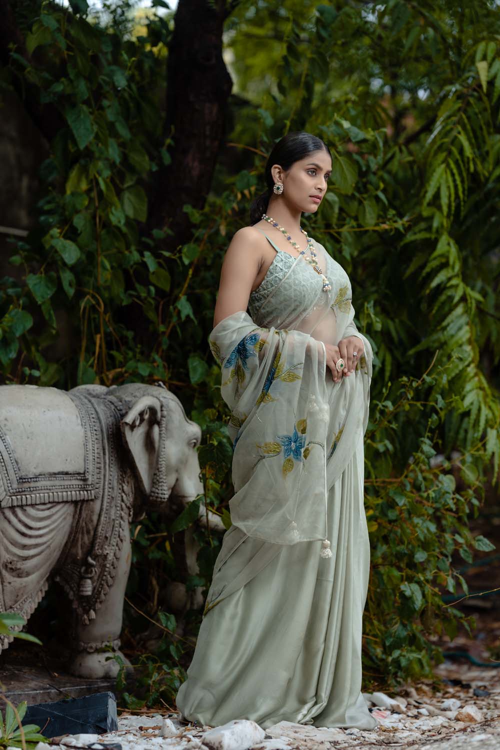 Sage Green Kumundhani Saree with Blouse