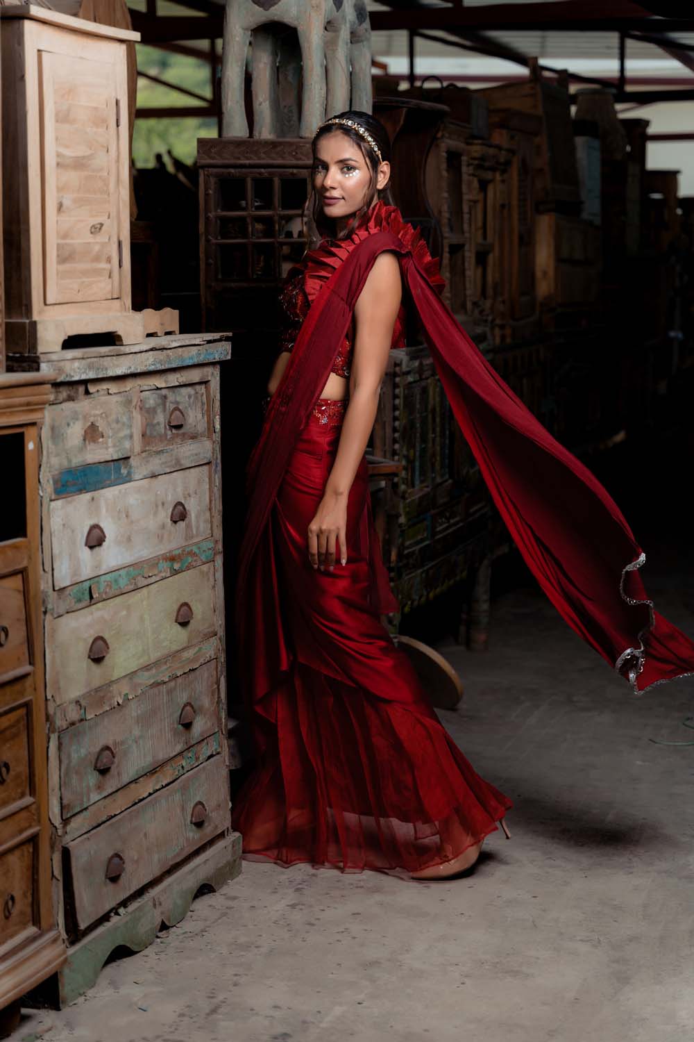Niyaika - Red Saree with Bralette Blouse