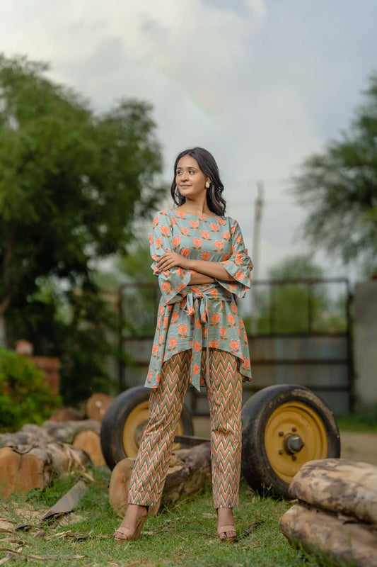 Hedera - Green With Pastel Orange Top with Belt Tie Pant Set