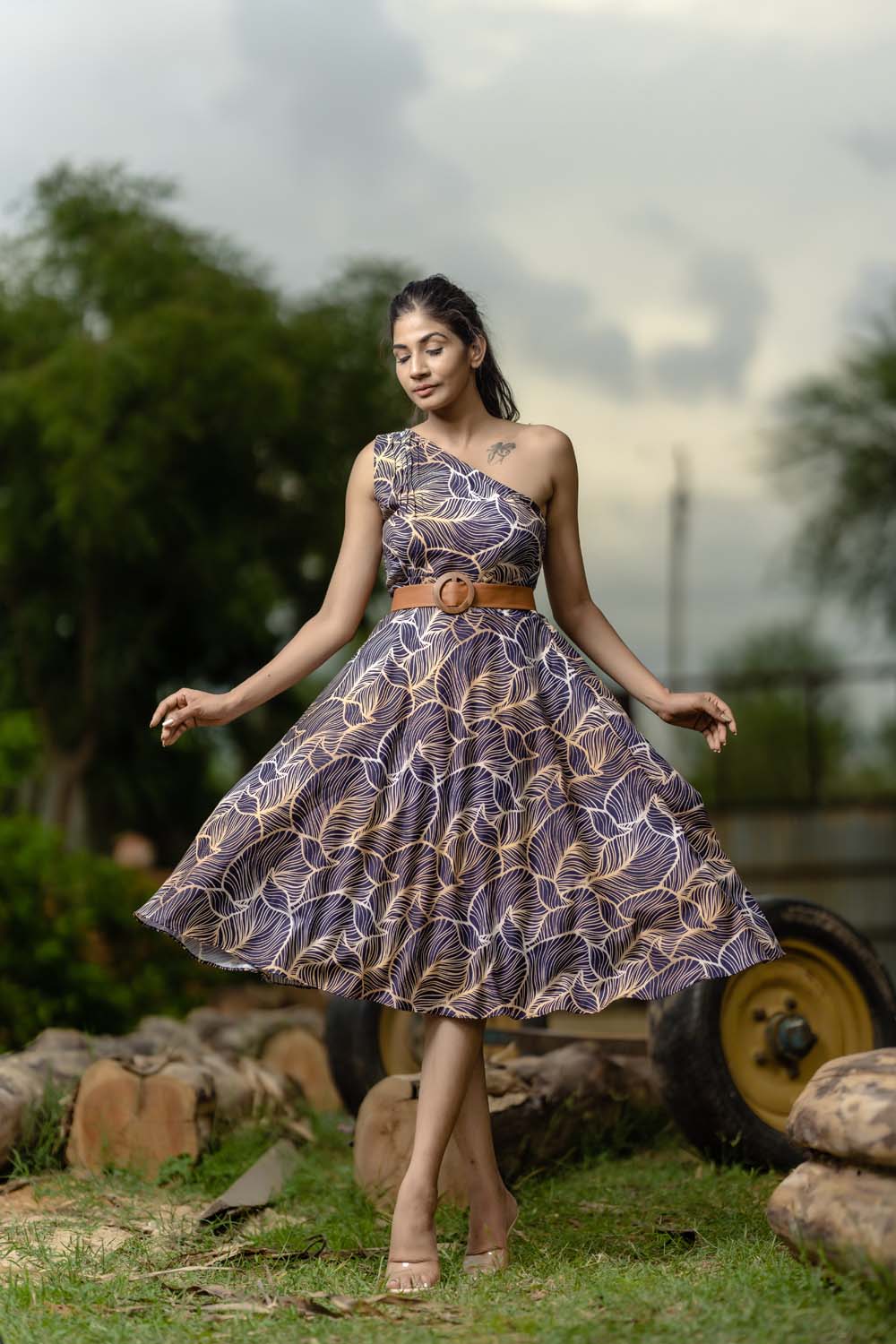 Mache - Leaf Print One-shoulder Belted Dress