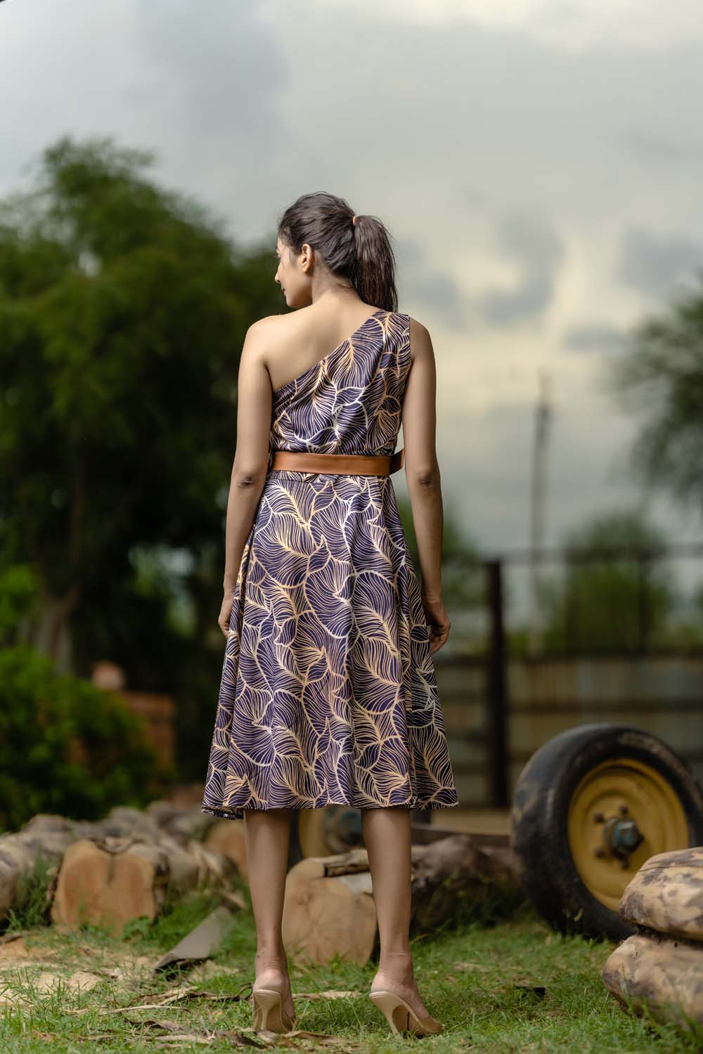 Mache - Leaf Print One-shoulder Belted Dress