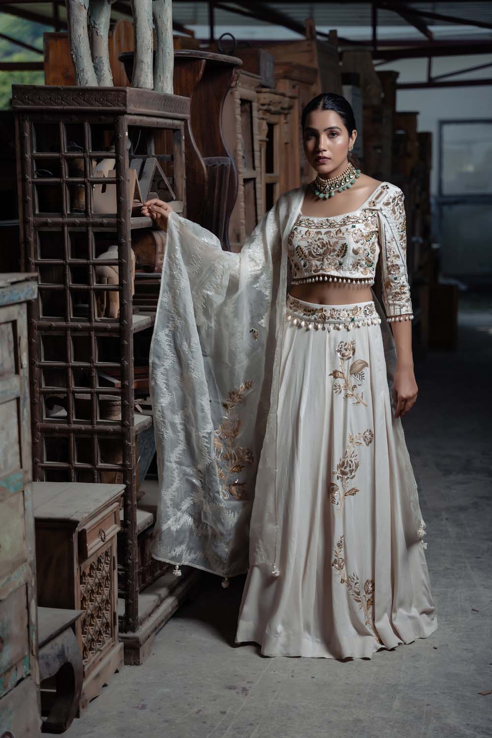 Aalam - Organza Off White Lehenga, Blouse and Dupatta Set