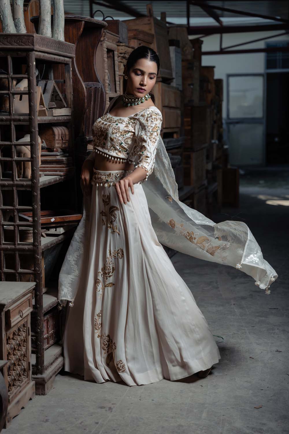 Aalam - Organza Off White Lehenga, Blouse and Dupatta Set