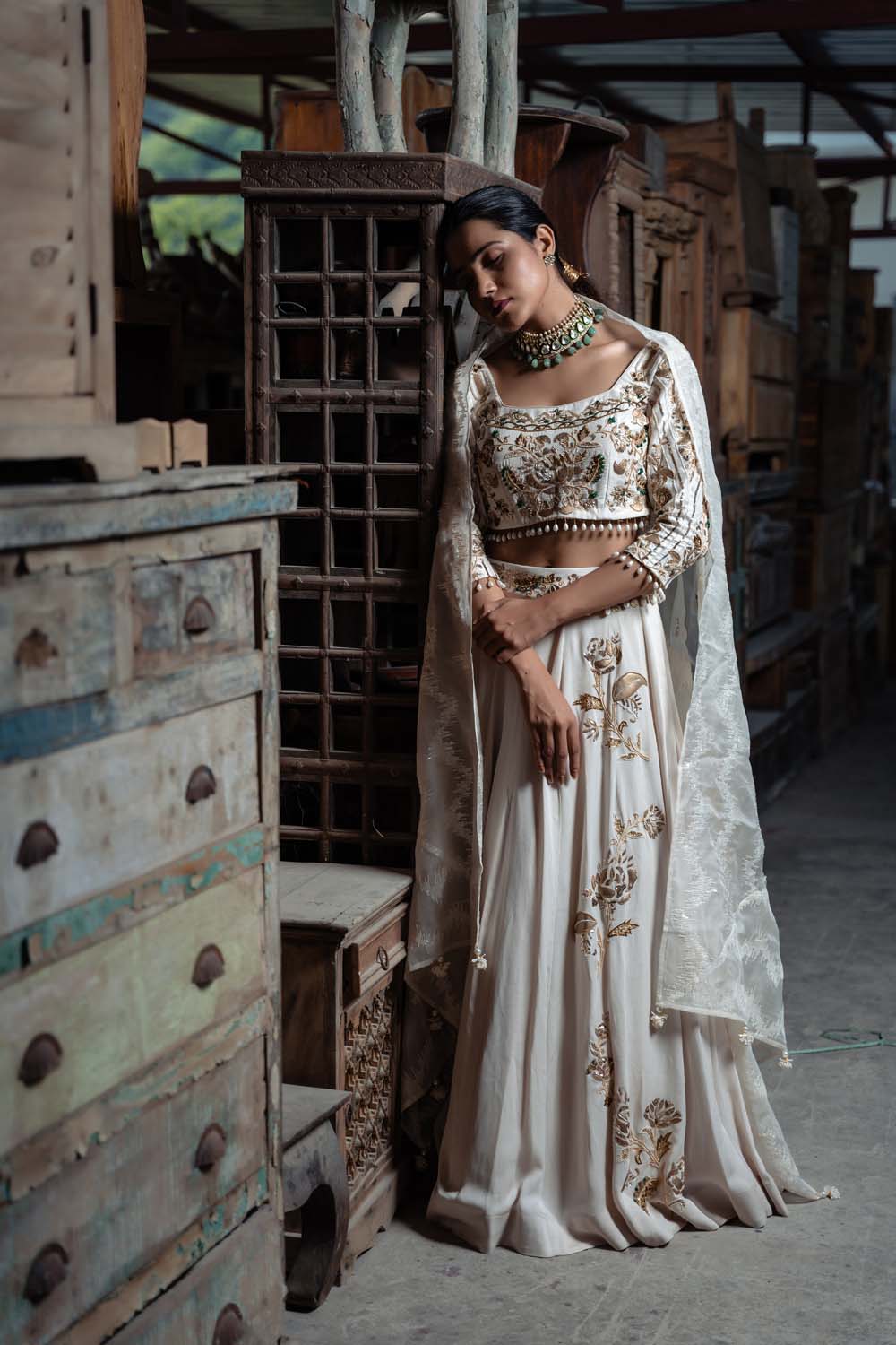 Aalam - Organza Off White Lehenga, Blouse and Dupatta Set