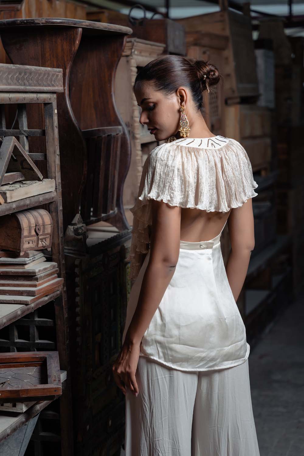 Zayad - Off White Peplum with Bralette and Plazzo