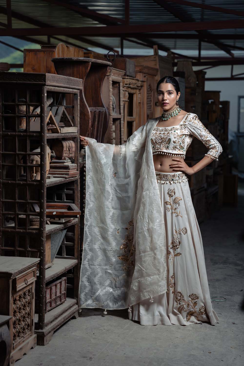 Aalam - Organza Off White Lehenga, Blouse and Dupatta Set