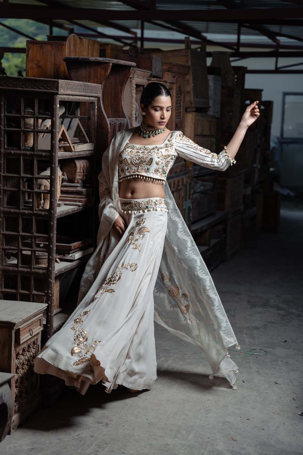 Aalam - Organza Off White Lehenga, Blouse and Dupatta Set