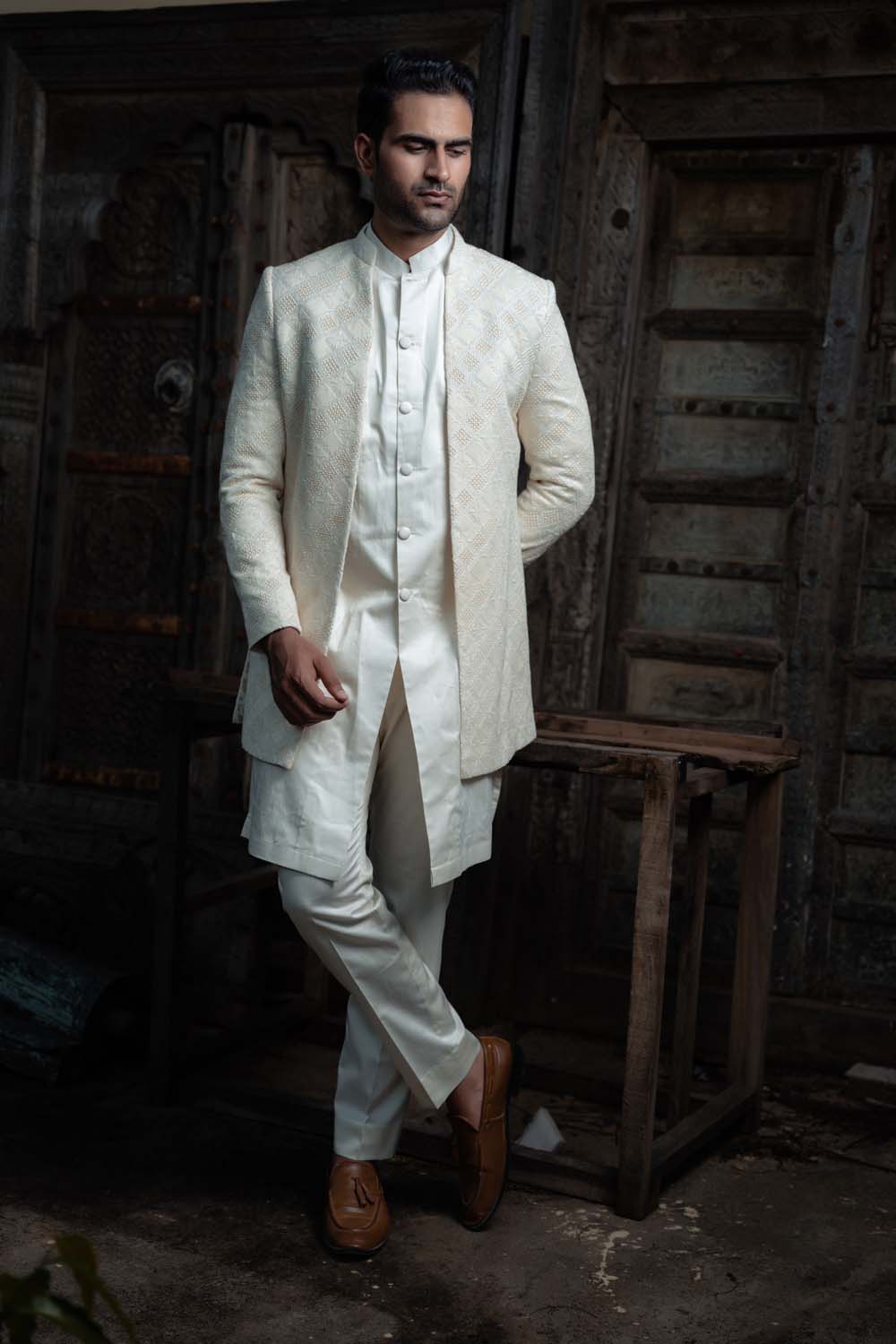 Nameen - Off White Blazer with Kurta with Pant