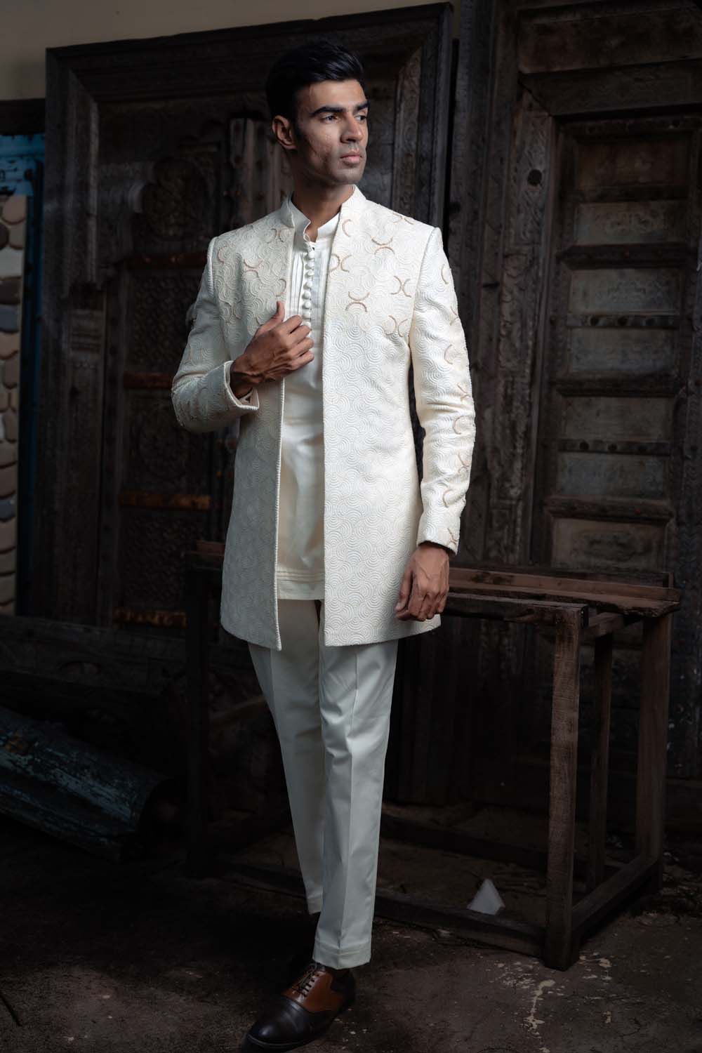 Nameen - Off White Blazer with Kurta with Pant