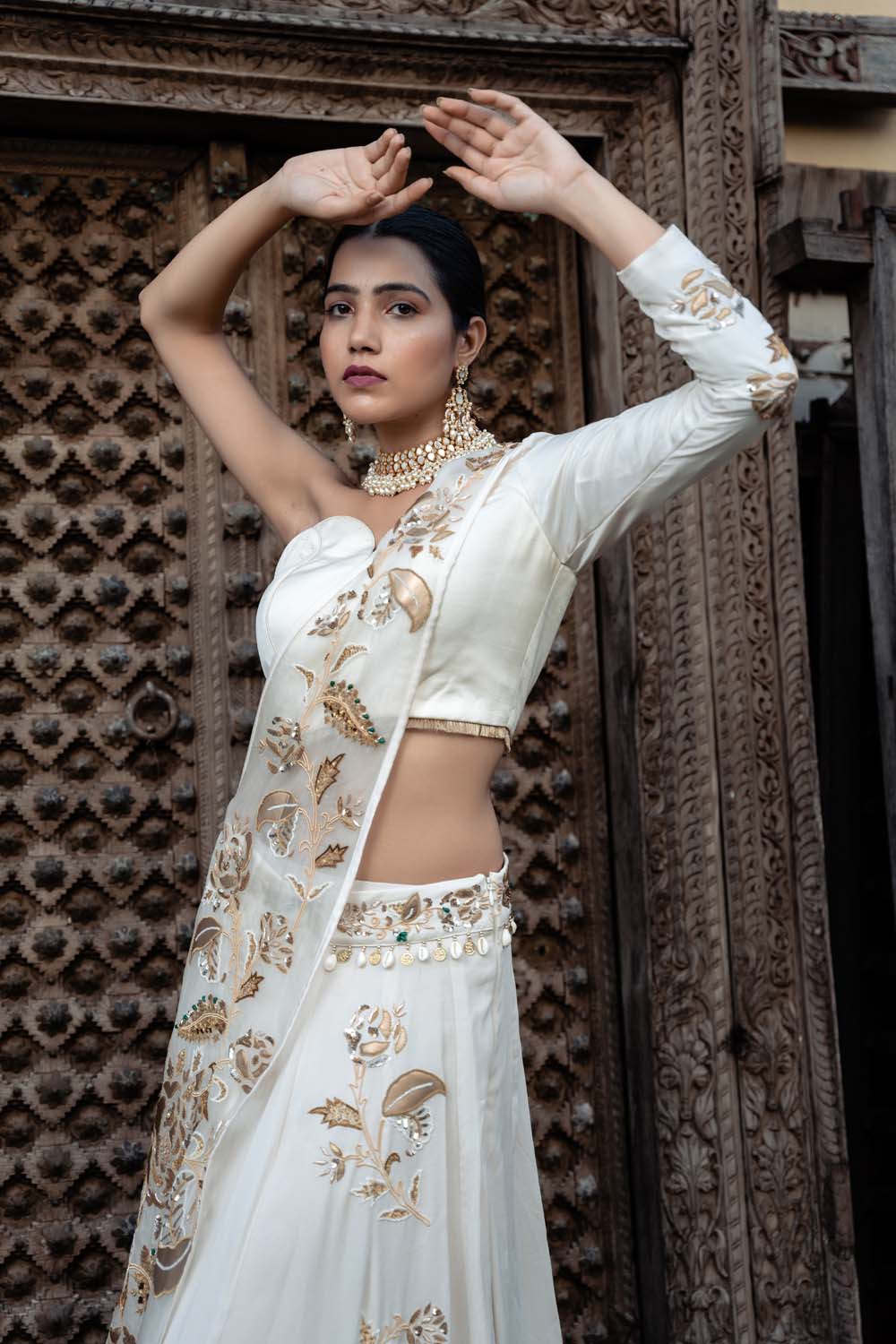 IVORY LEHENGA WITH ORANGE MIRROR BLOUSE & DUPATTA – Anisha Shetty