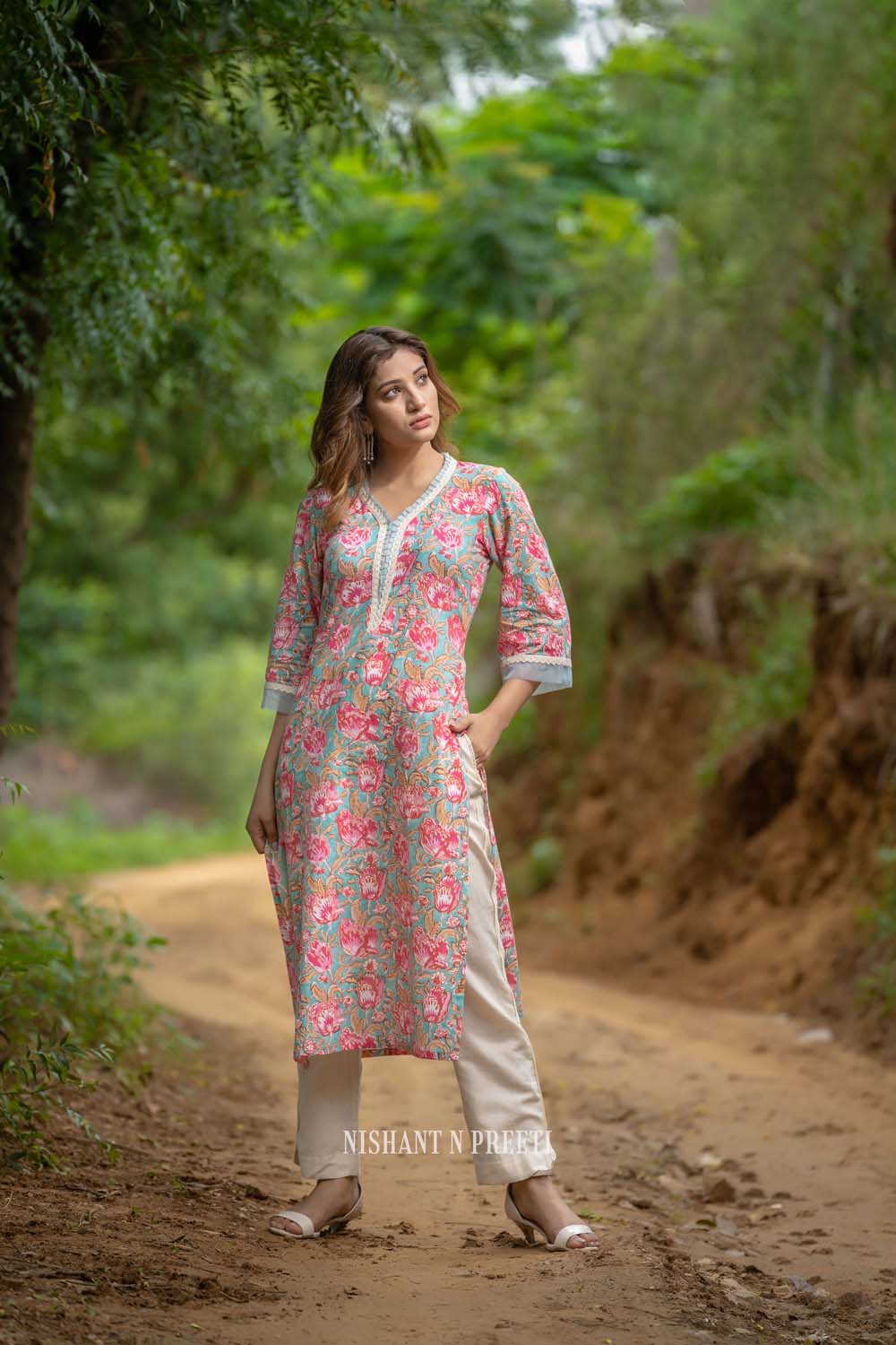 Tikra - Teal Blue and White Floral Kurta Pant Set