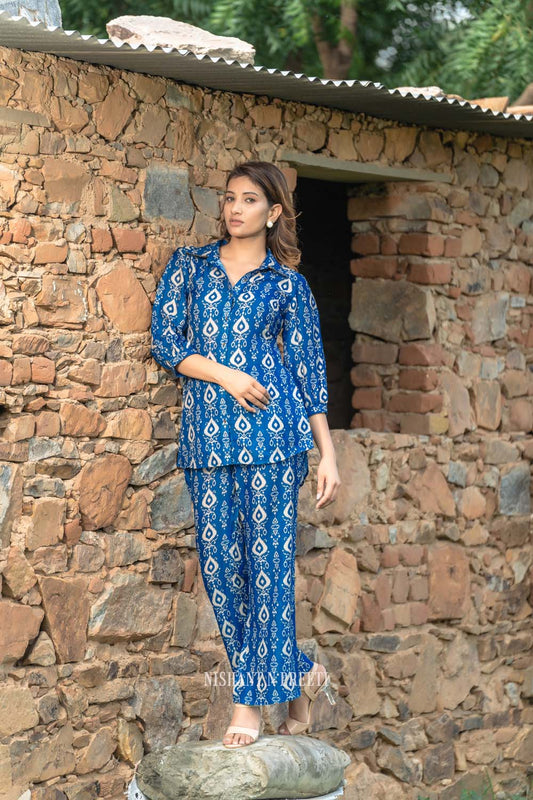 Iris - Women Blue Printed Shirt with Pant Co-ords Set